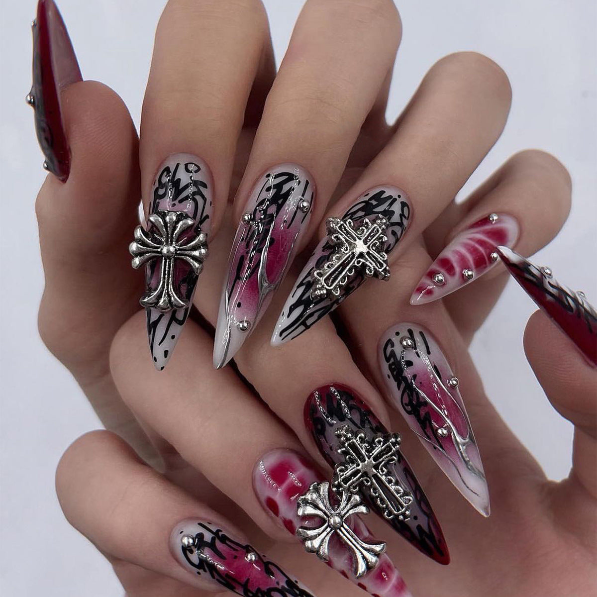 24PCS STILETTO DARK CROSS PRESS ON NAILS