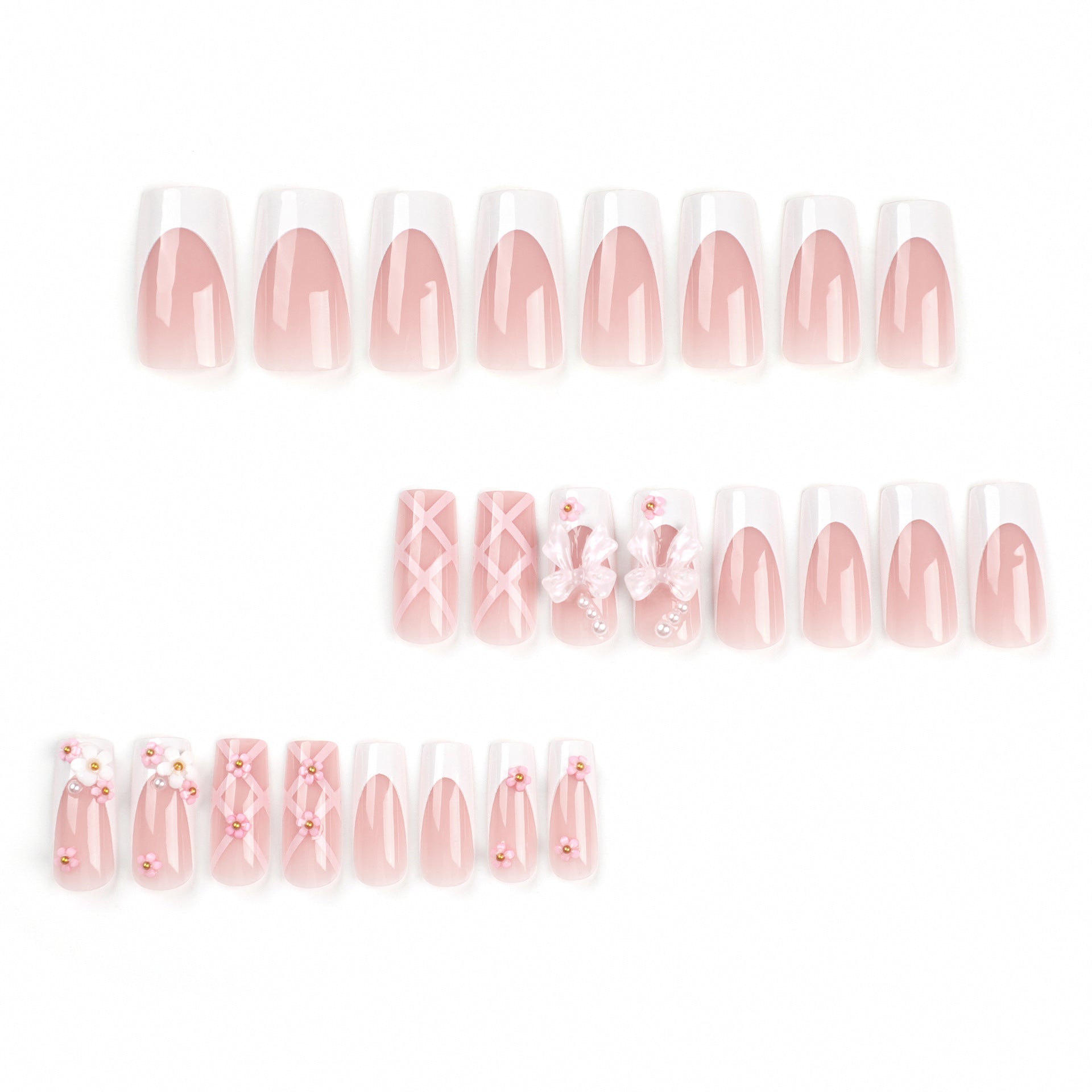 24 PCS LONG SQUARE PINK BOW PRESS ON NAILS