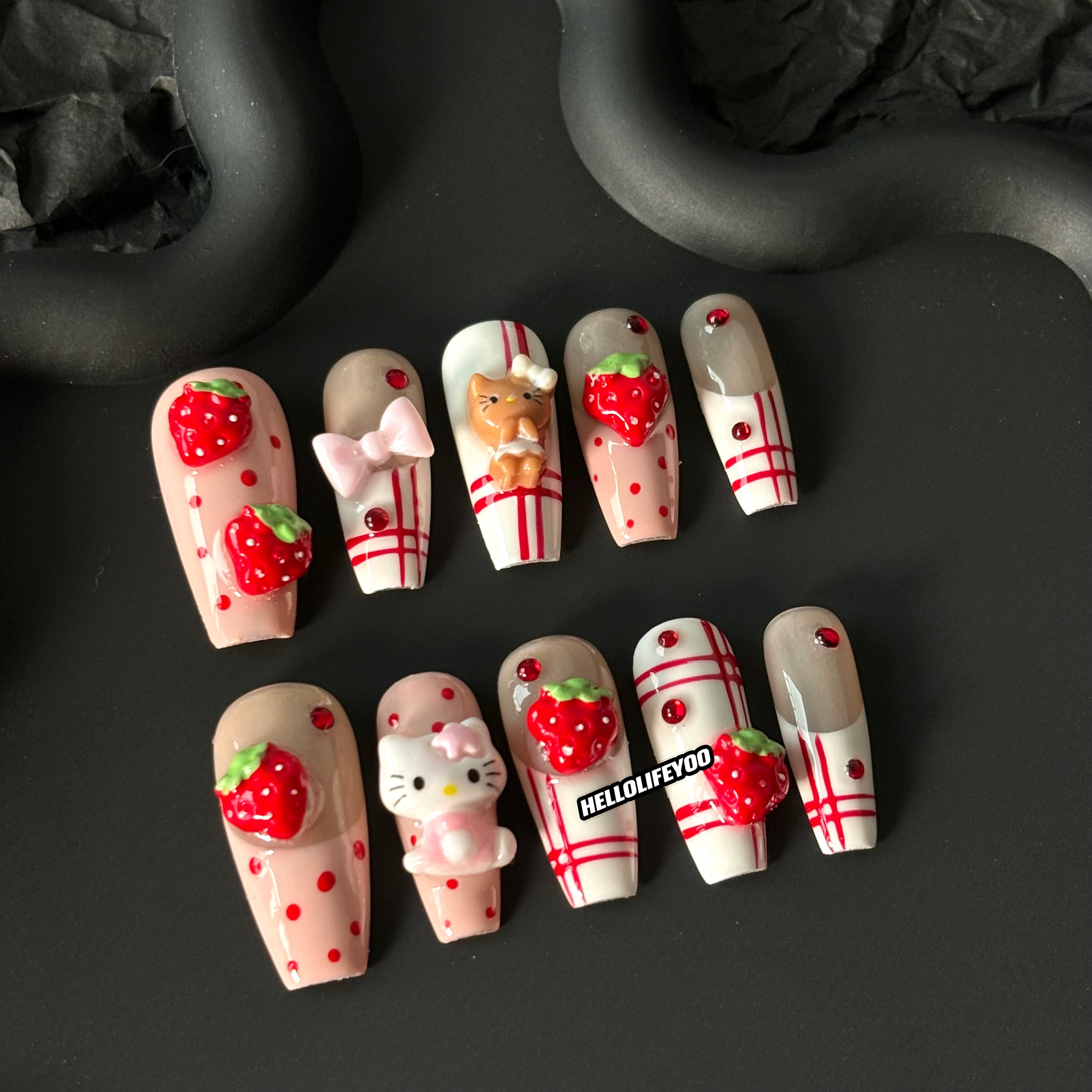 STRAWBERRY KITTY-TEN PIECES OF HANDCRAFTED PRESS ON NAIL