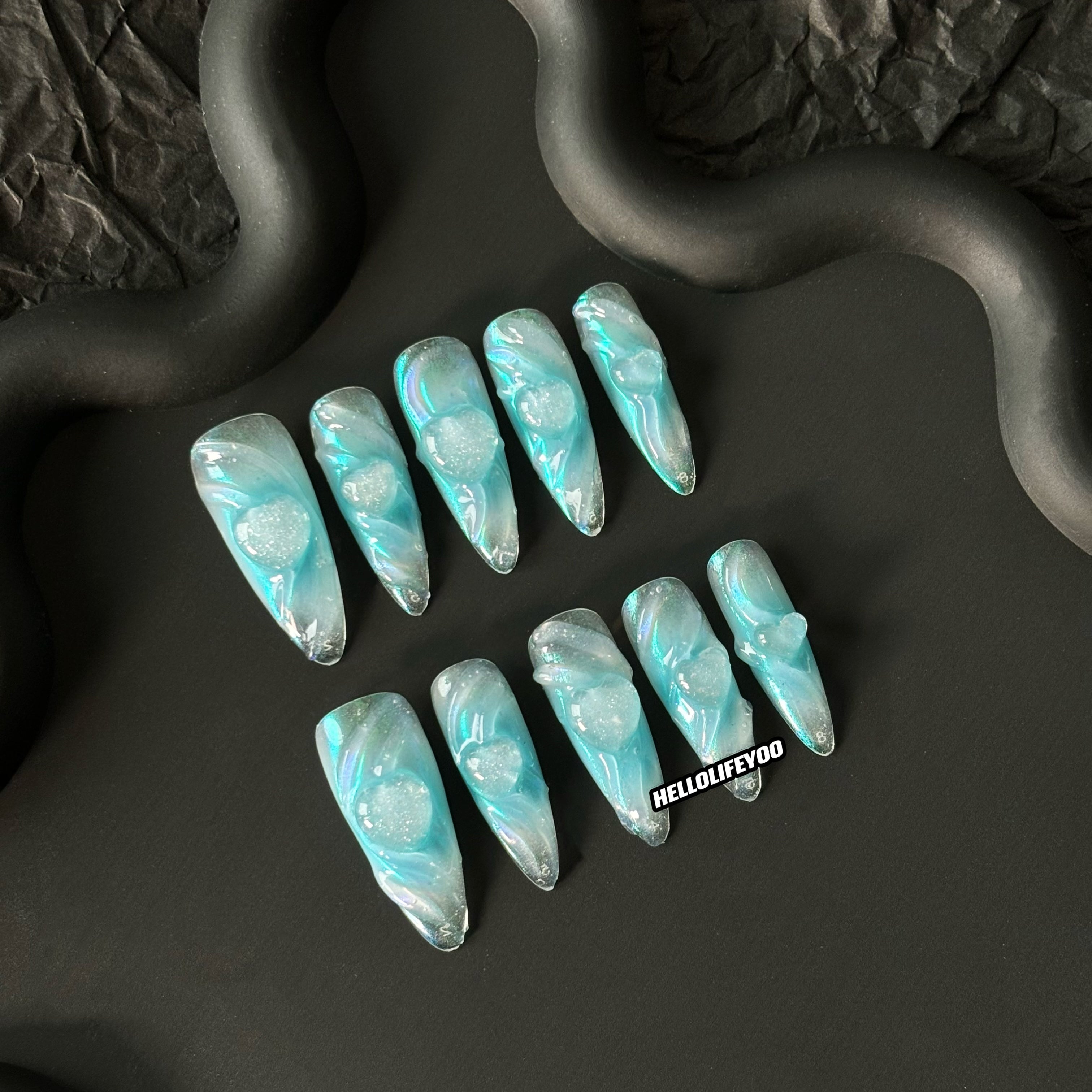BLUE HAWAII -TEN PIECES OF HANDCRAFTED PRESS ON NAIL
