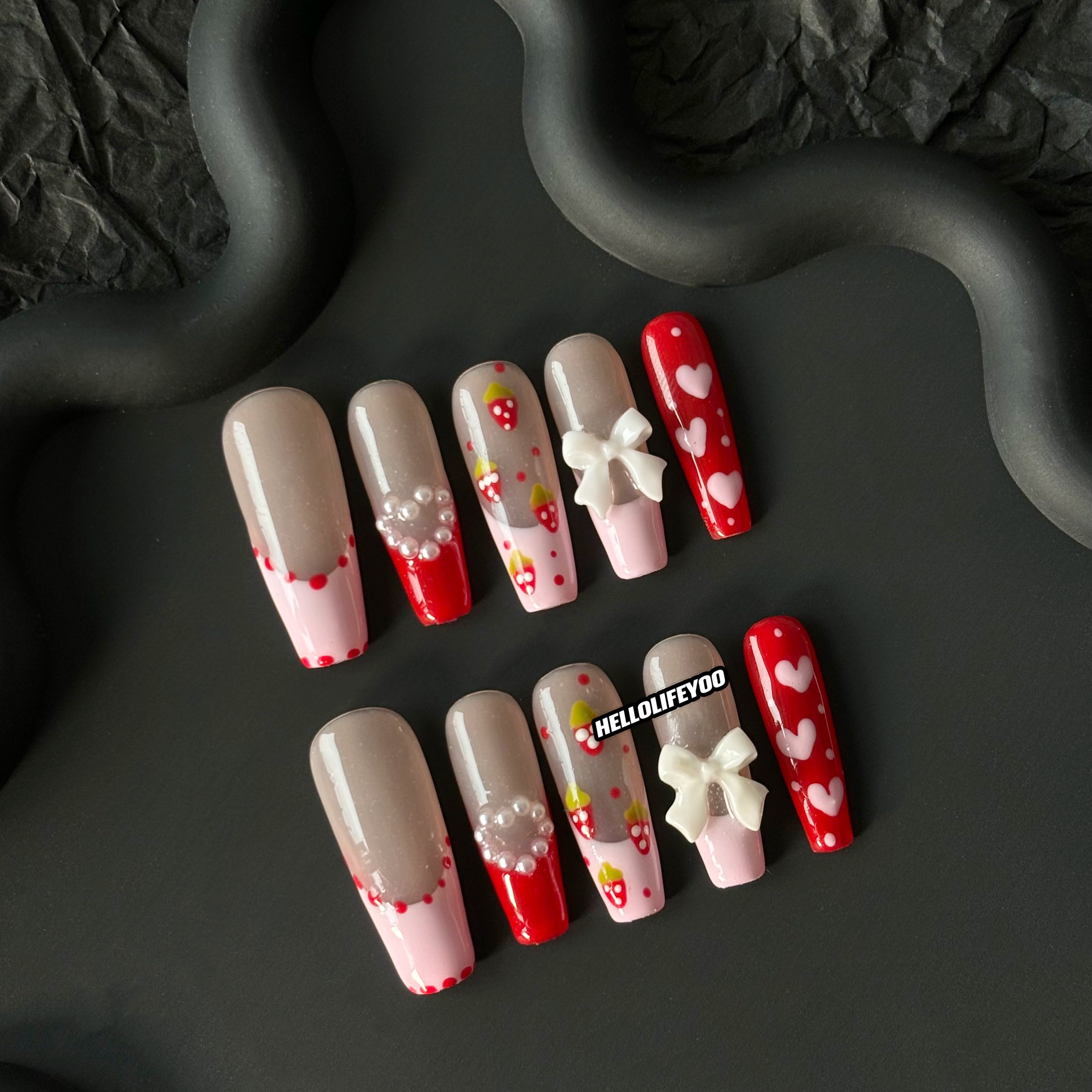 PINK STRAWBERRY-TEN PIECES OF HANDCRAFTED PRESS ON NAIL