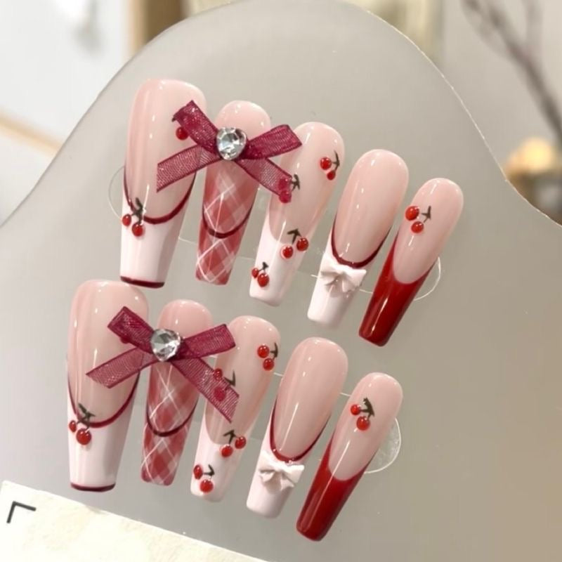 CHERRY-TEN PIECES OF HANDCRAFTED PRESS ON NAIL