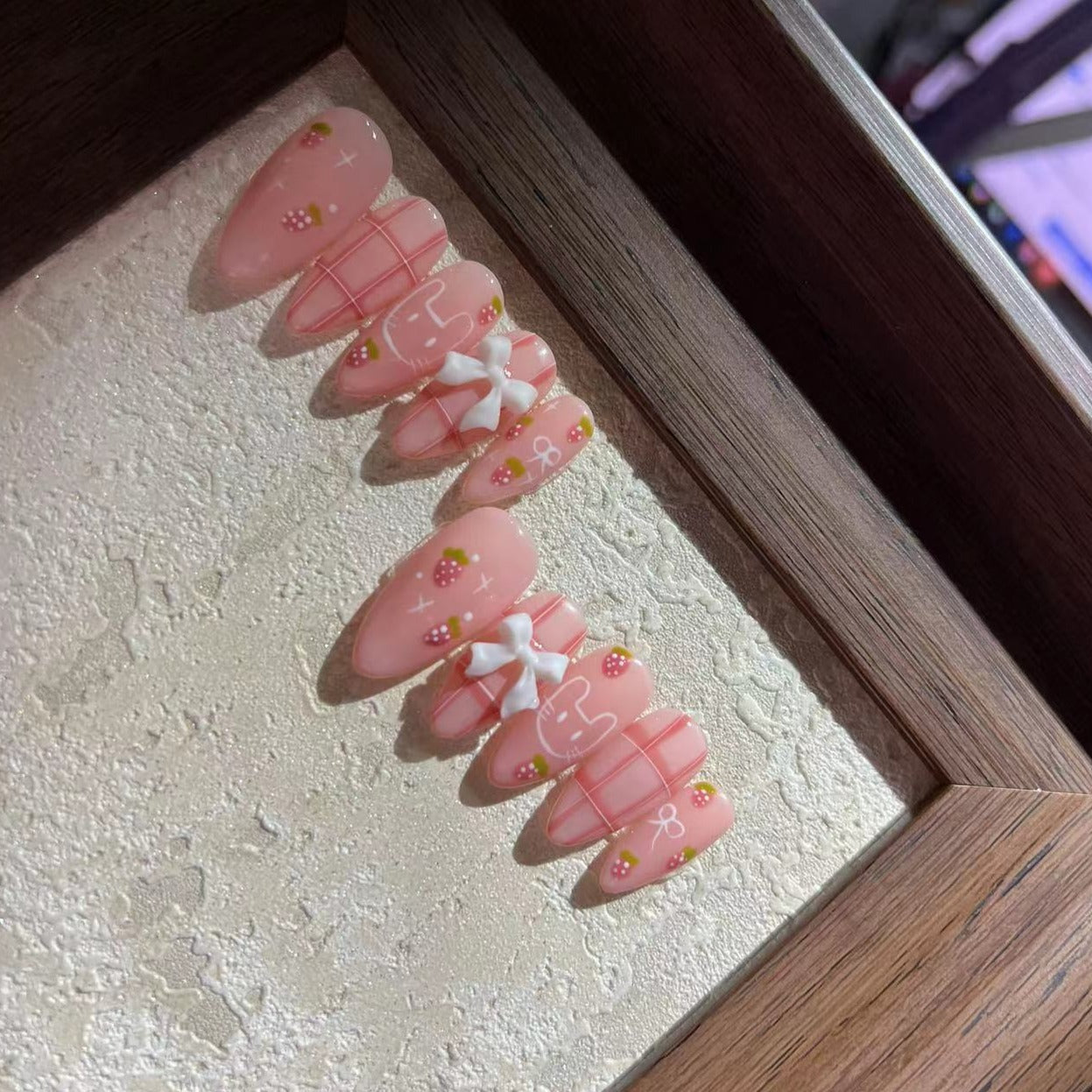 STRAWBERRY BUNNY-TEN PIECES OF HANDCRAFTED PRESS ON NAIL