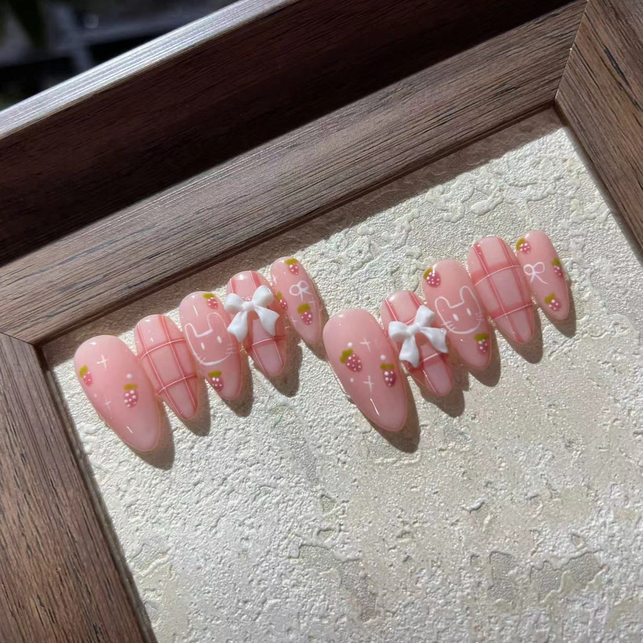 STRAWBERRY BUNNY-TEN PIECES OF HANDCRAFTED PRESS ON NAIL