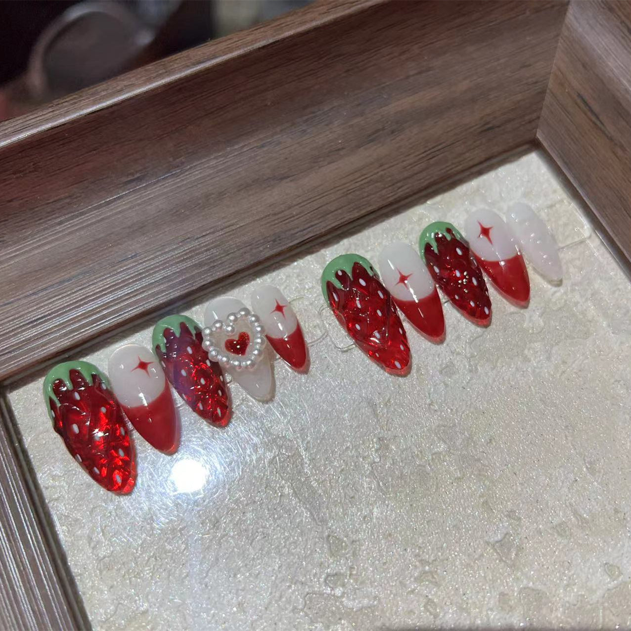 STRAWBERRY-TEN PIECES OF HANDCRAFTED PRESS ON NAIL