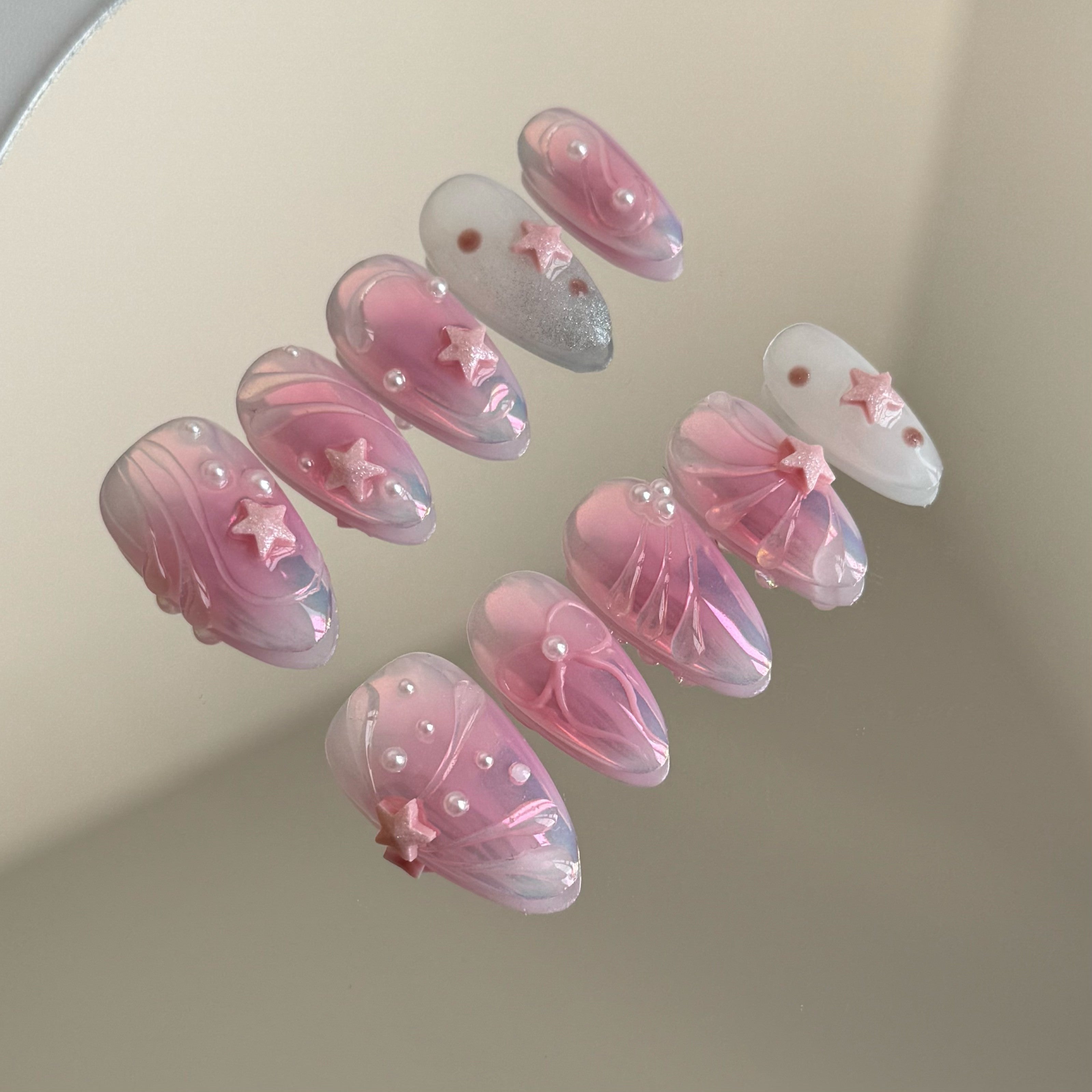 PINK STARS-3D TEN PIECES OF HANDCRAFTED PRESS ON NAIL