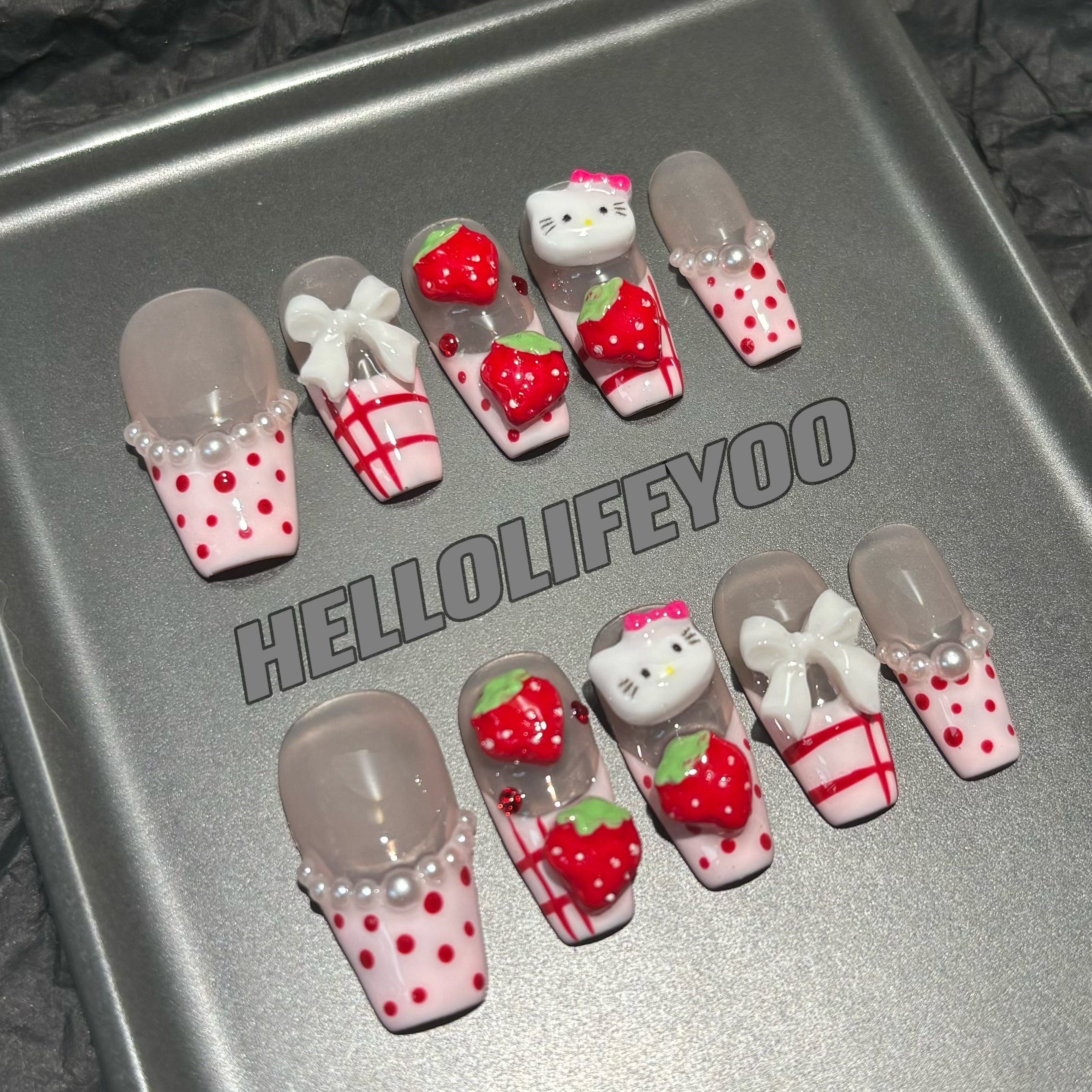 SWEETHEART STRAWBERRY KITTY-TEN PIECES OF HANDCRAFTED PRESS ON NAIL