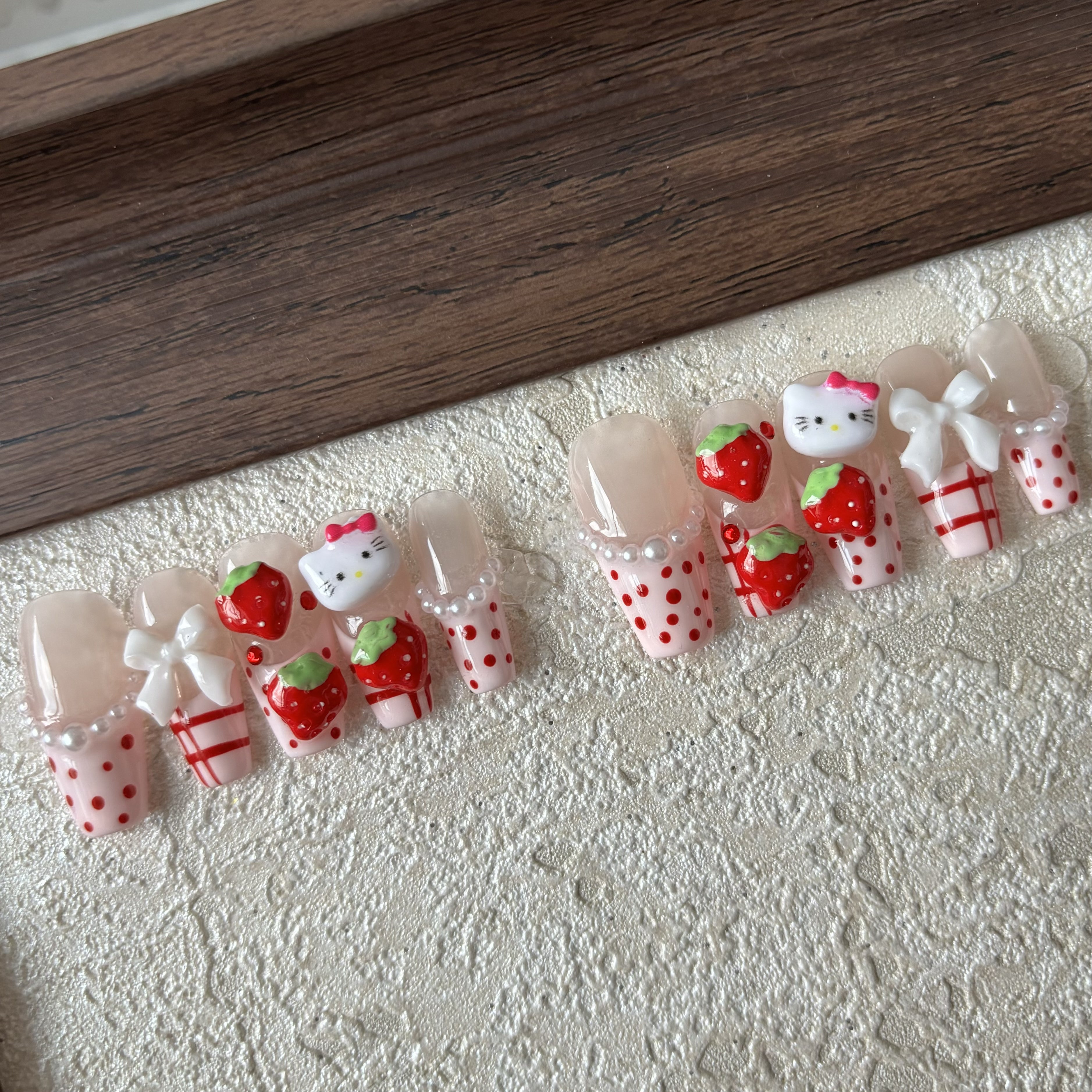 SWEETHEART STRAWBERRY KITTY-TEN PIECES OF HANDCRAFTED PRESS ON NAIL