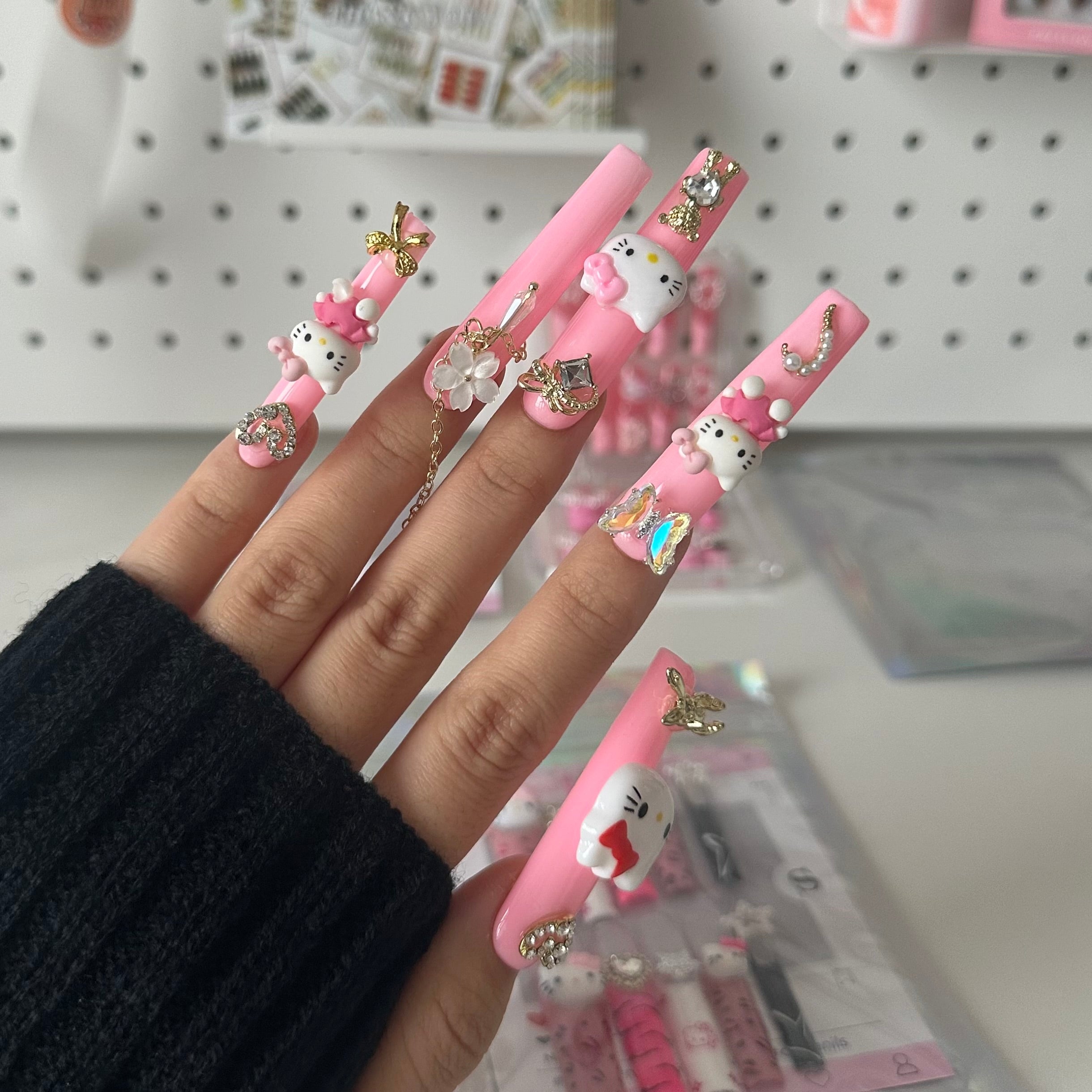 Y2K -TEN PIECES OF HANDCRAFTED EXTRA LONG PRESS ON NAIL