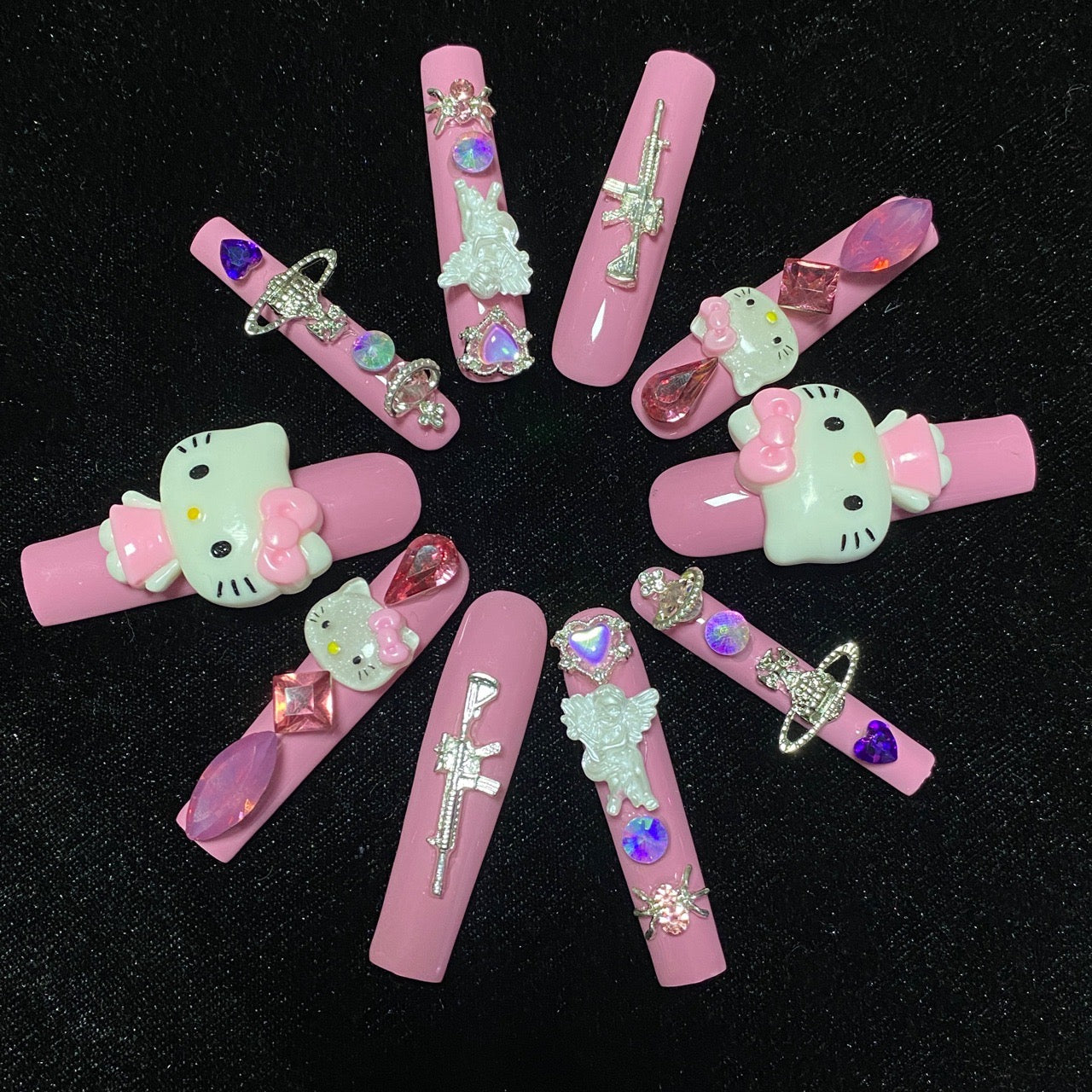 HELLOKITTY-TEN PIECES OF HANDCRAFTED EXTRA LONG PRESS ON NAIL
