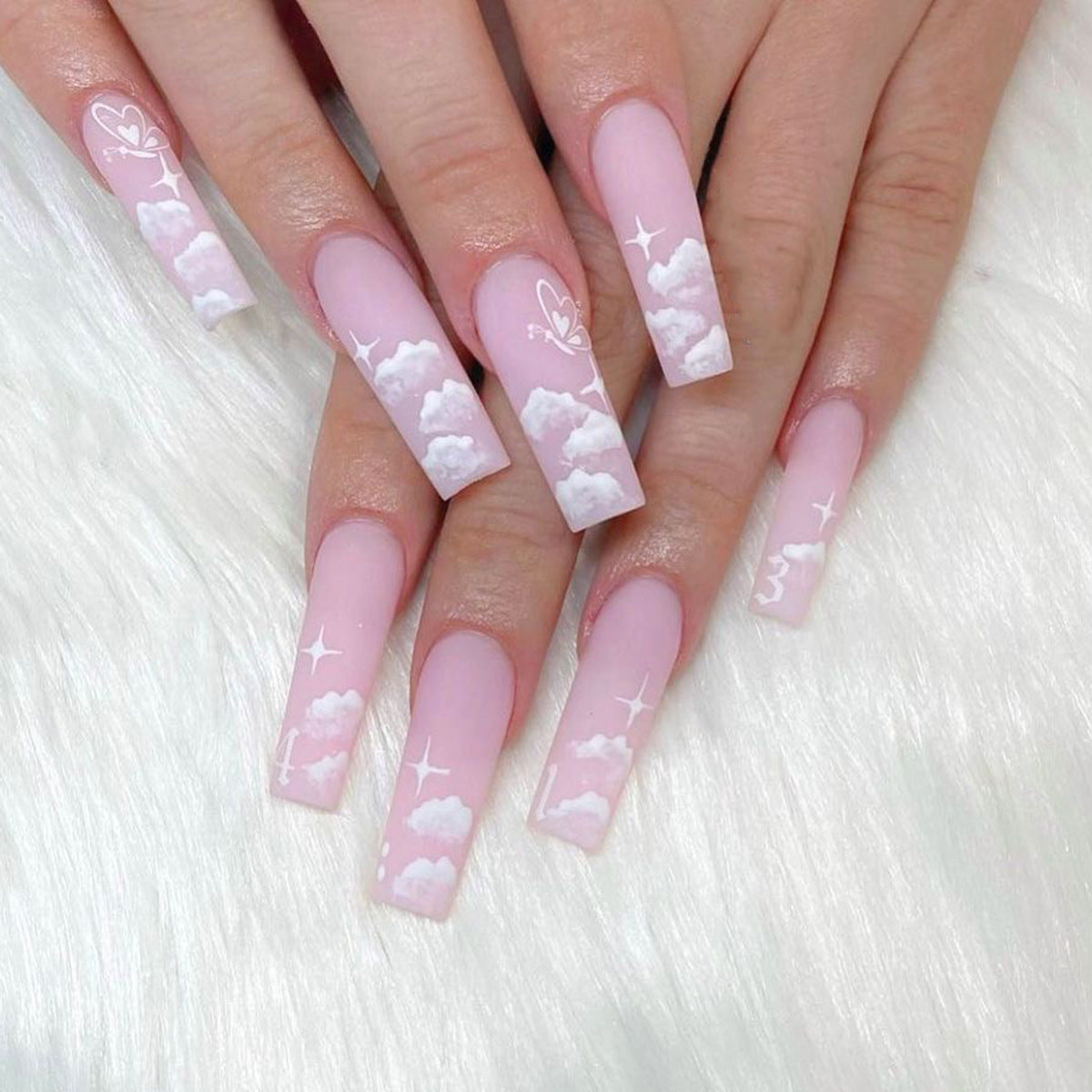 24 PCS LONG COFFIN PINK CLOUDS PRESS ON NAILS