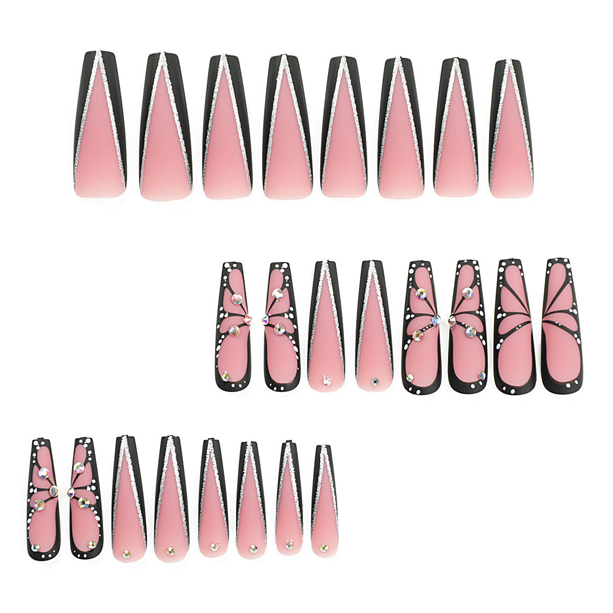 24 PCS LONG COFFIN BUTTERFLY PRESS ON NAILS