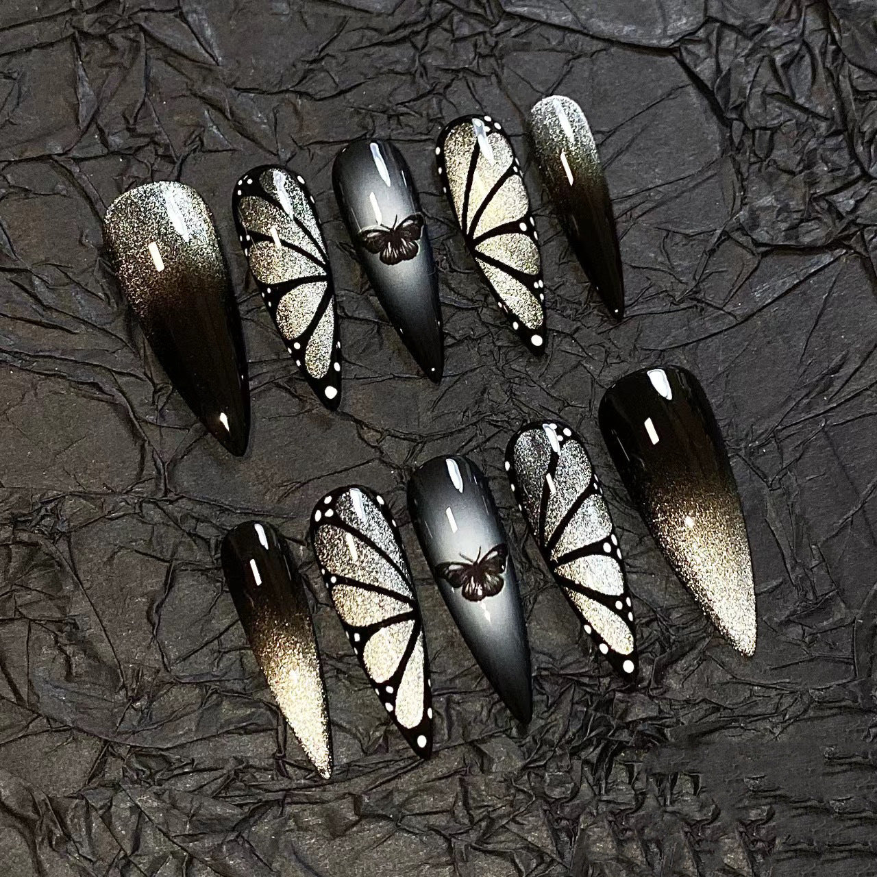 BUTTERFLY DARK WINGS- TEN PIECES OF HANDCRAFTED PRESS ON NAIL