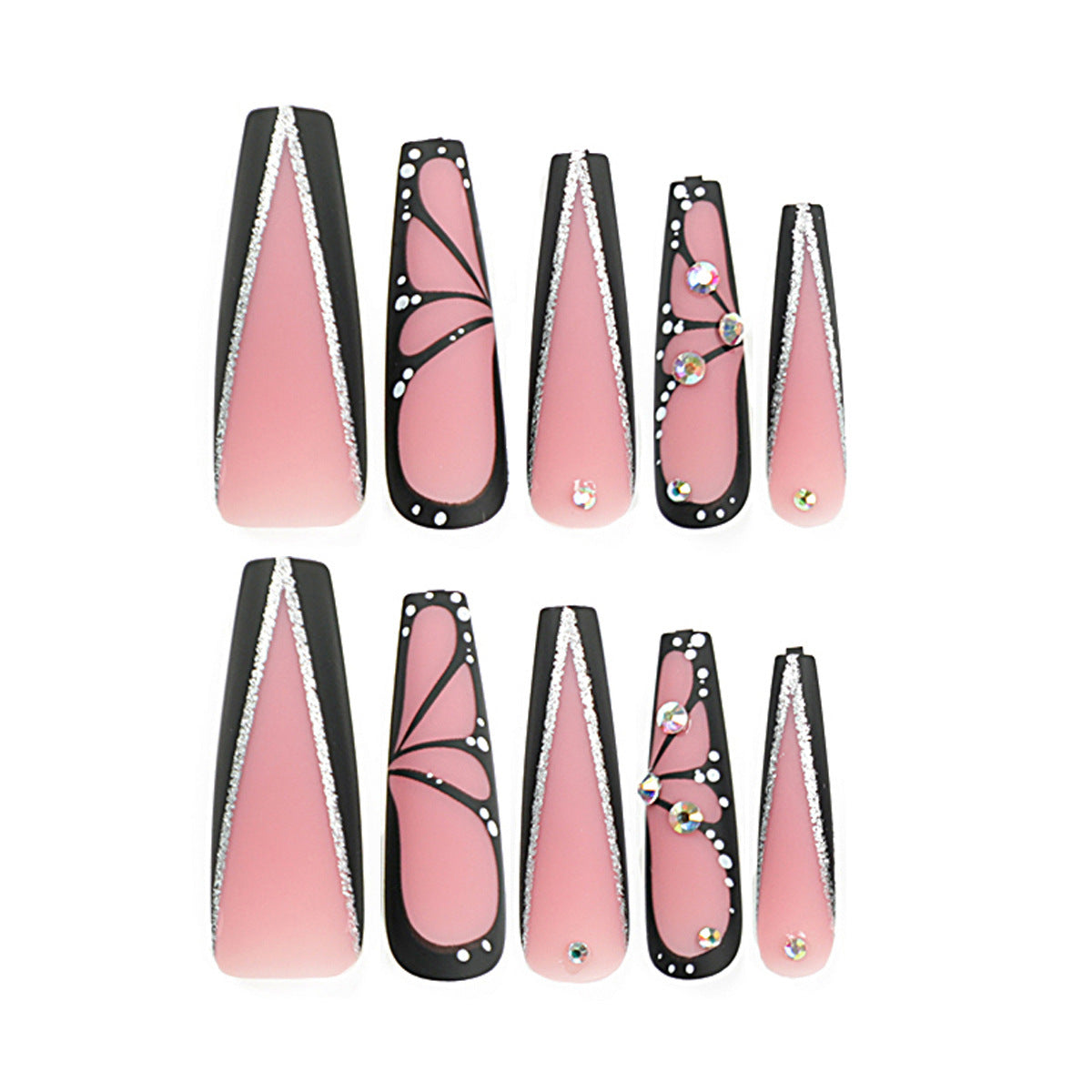 24 PCS LONG COFFIN BUTTERFLY PRESS ON NAILS