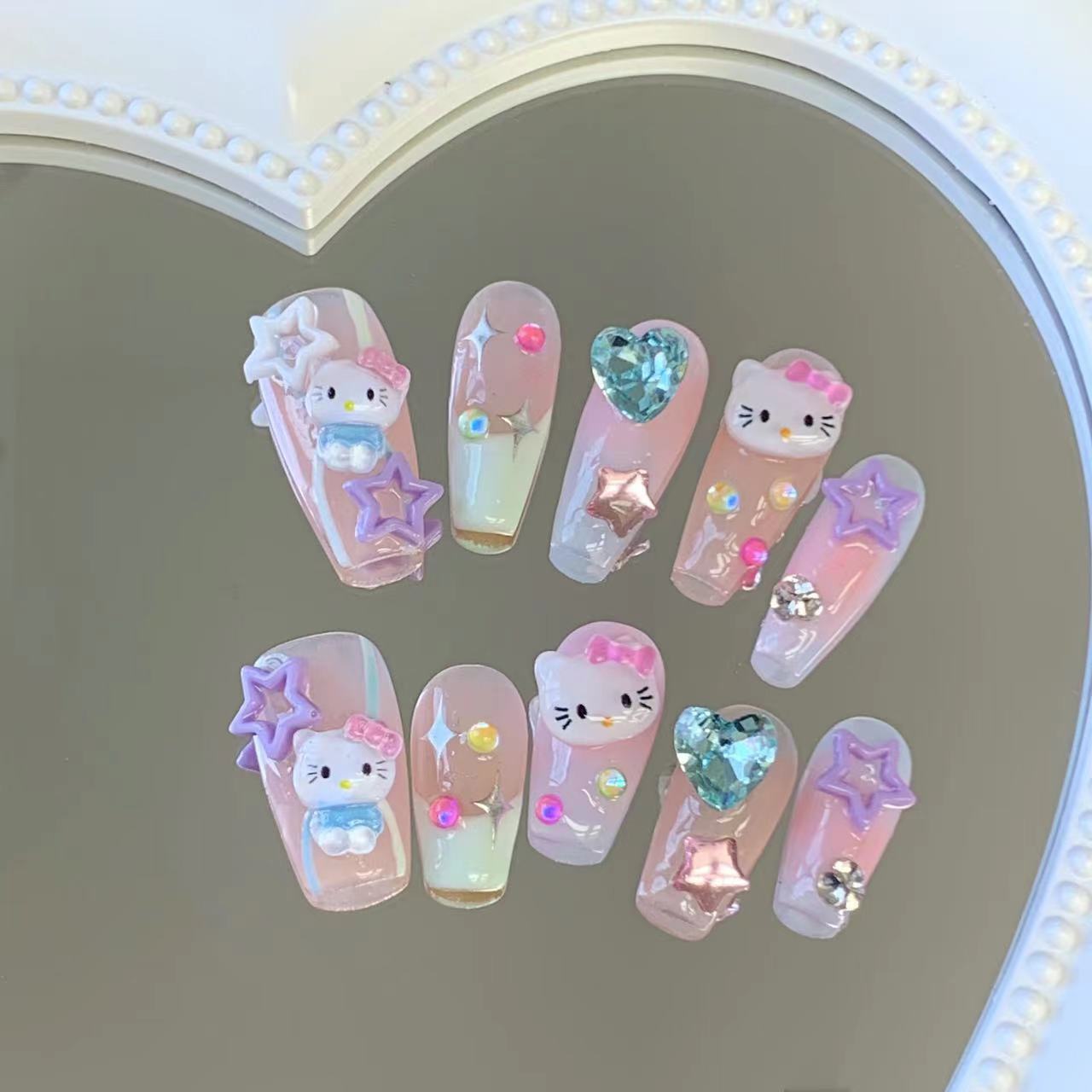 FANTASY KITTY-TEN PIECES OF HANDCRAFTED PRESS ON NAIL
