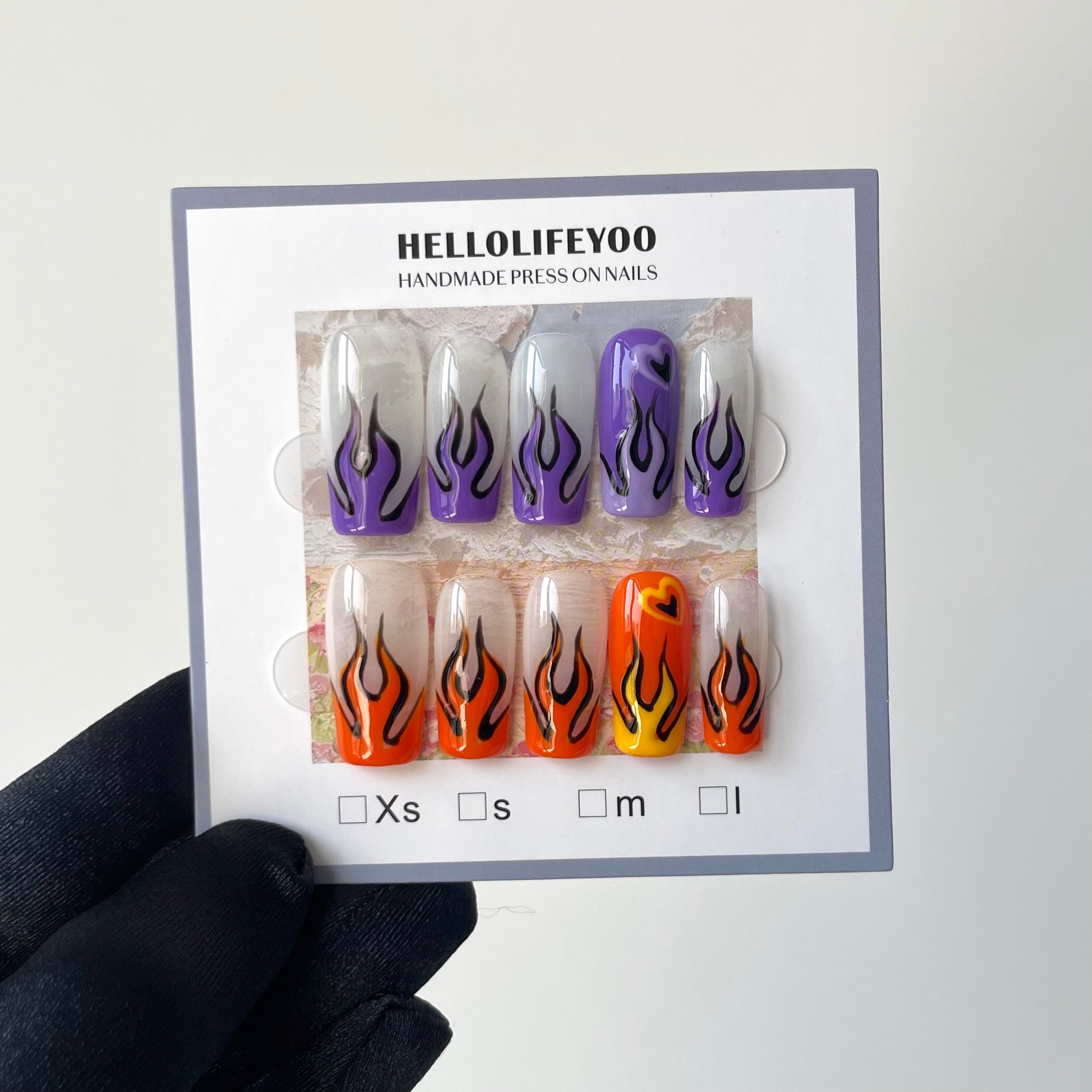 CONTRASTING FLAME -TEN PIECES OF HANDCRAFTED PRESS ON NAIL