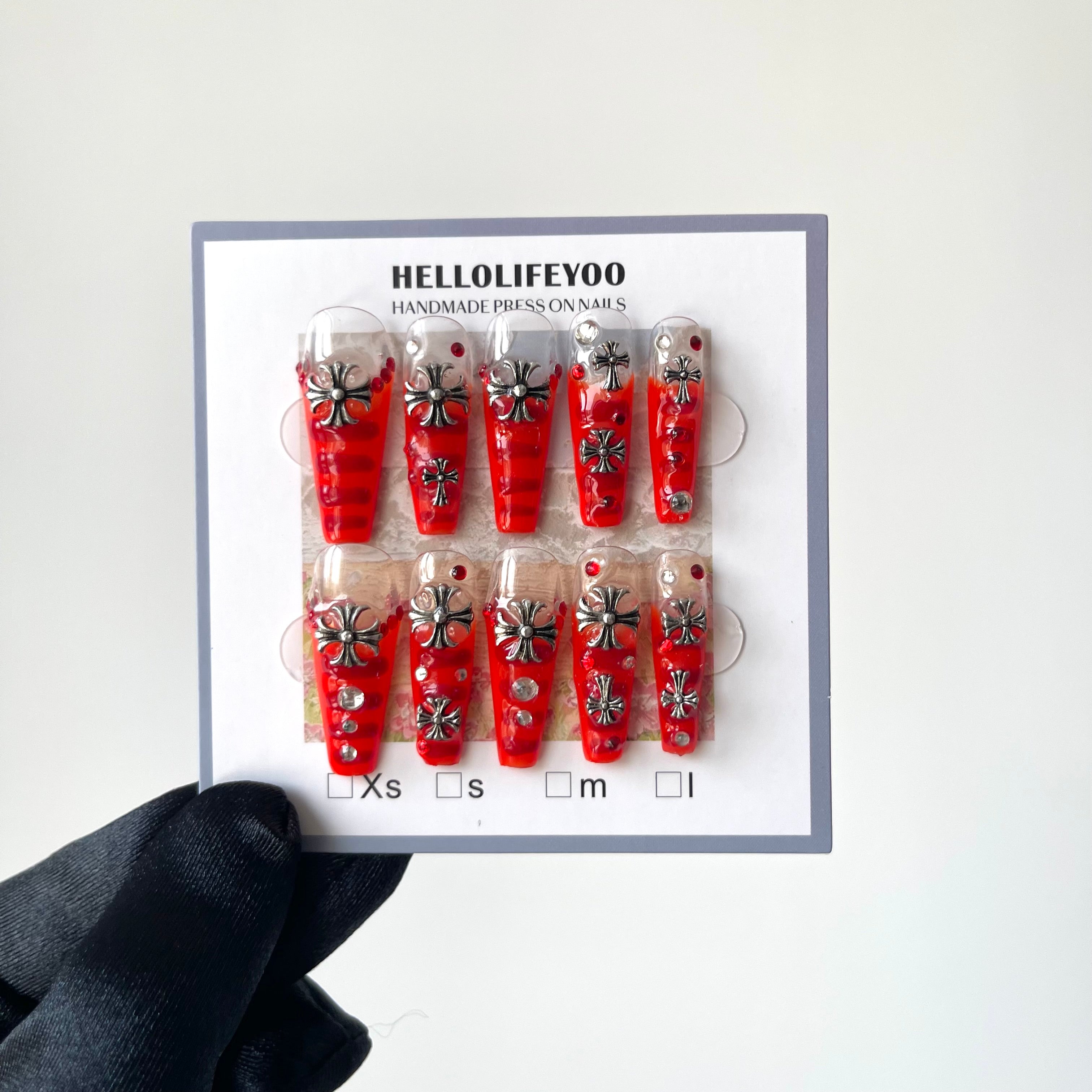 BLOOD RED CROSS -TEN PIECES OF HANDCRAFTED PRESS ON NAIL