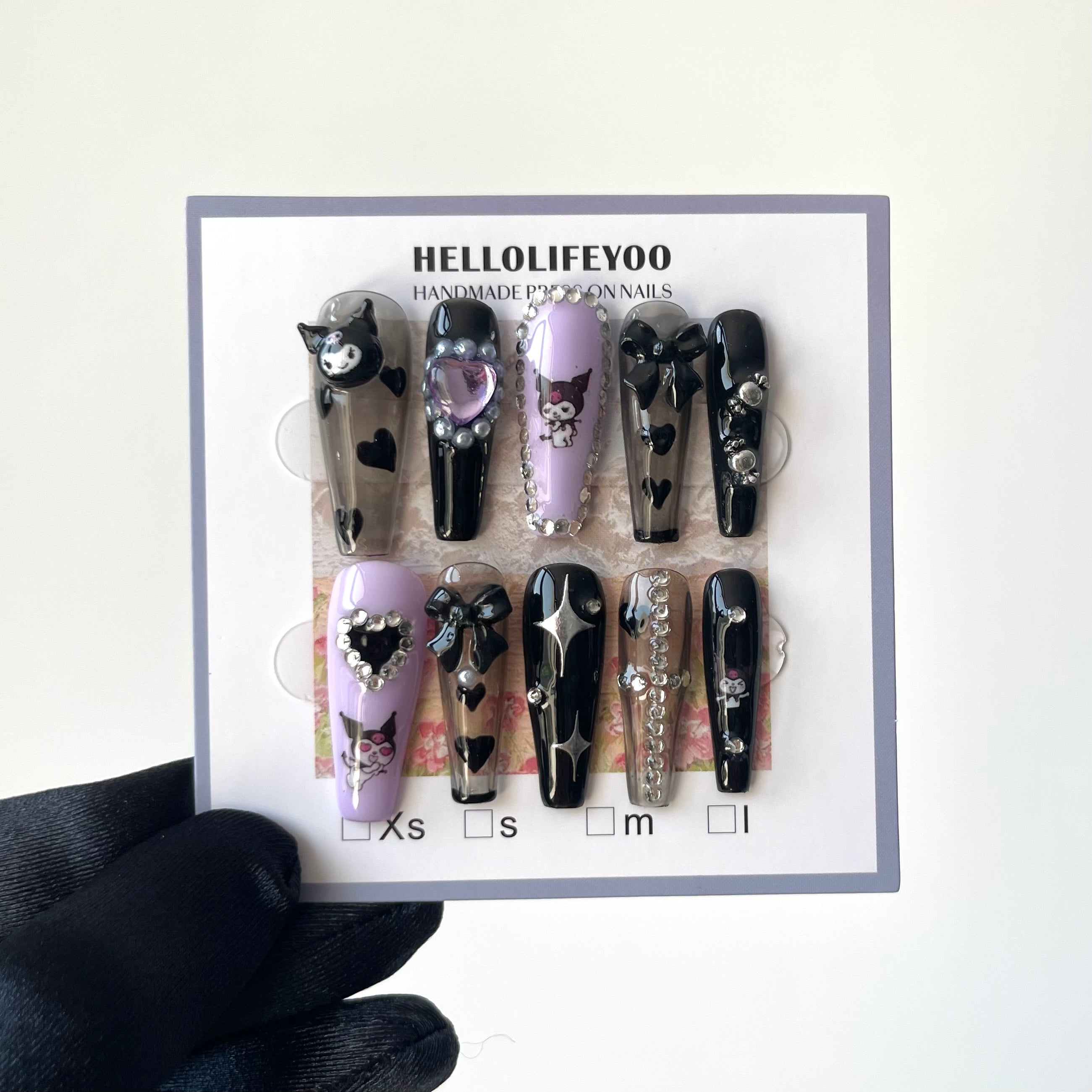 BLACK & PURPLE KUROMI -TEN PIECES OF HANDCRAFTED PRESS ON NAIL