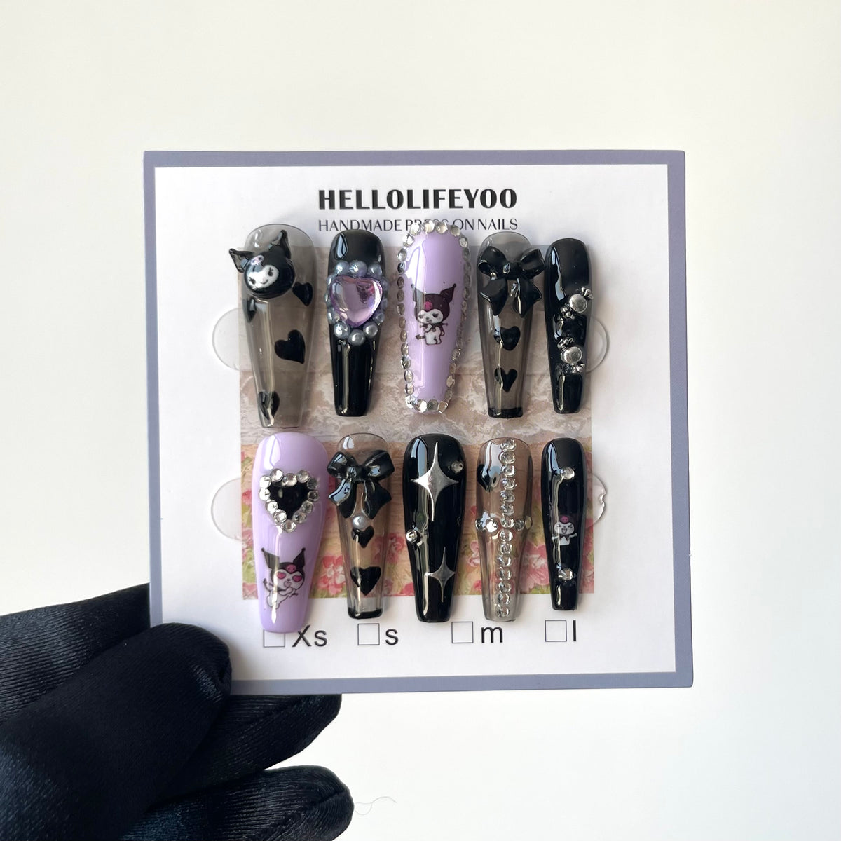 BLACK & PURPLE KUROMI -TEN PIECES OF HANDCRAFTED PRESS ON NAIL